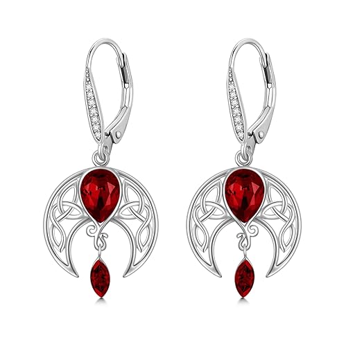 AOBOCO 925 Sterling Silver Celtic Moon Earrings, Crescent Moon Dangle Earrings with Birthstone Crystal, Birthday Jewelry for Women Girls - Simulated Ruby(Leverback)