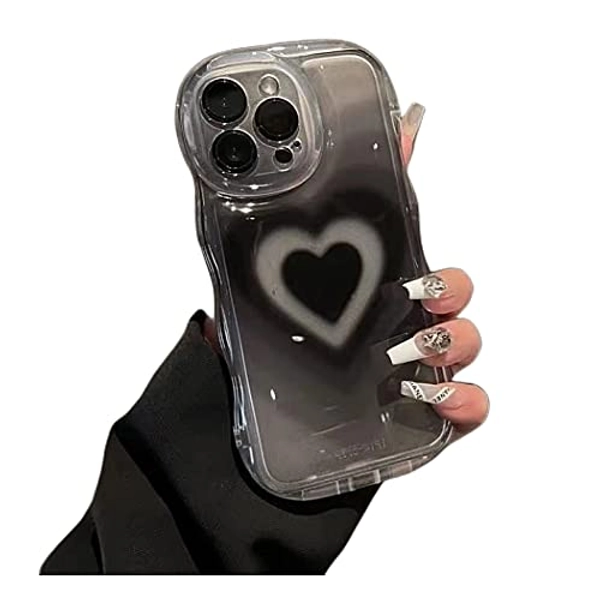 Axulimin for iPhone 13 Pro Max Case Cute Aesthetic Black Heart Clear Phone Case for Teen Girls Women [Camera Lens Protection][Wavy Frame]