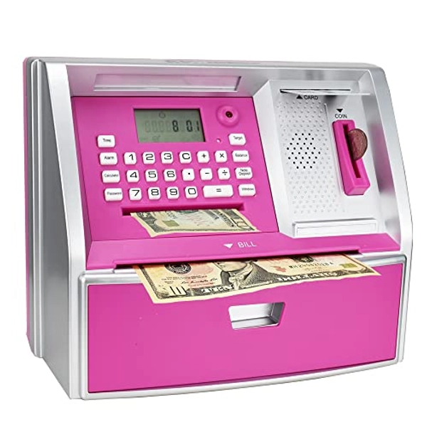 ApgBnk ATM Savings Bank with Debit Card, Electronic Piggy Bank for Real Money, Coin Recognition, Targets Setting, Password Login, Voice Prompt, Great Gift for Boys Girls Silver/Pink…