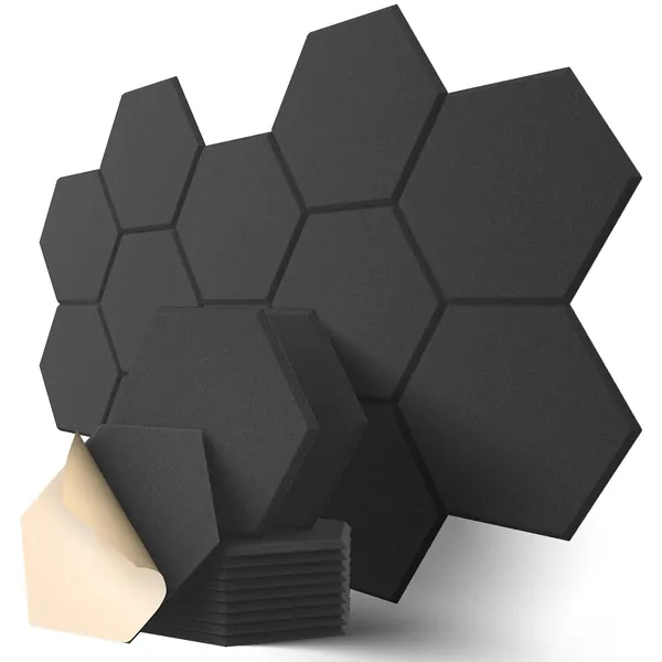 Dailycooper 12 Pack Self-adhesive Acoustic Panels 12" X 10" X 0.4" - Sound Proof Foam Panels with High Density, Stylish Hexagonal Design, Flame Resistant, Absorb Noise and Eliminate Echoes(Black) - 12 Pack 0.4 Inch Black