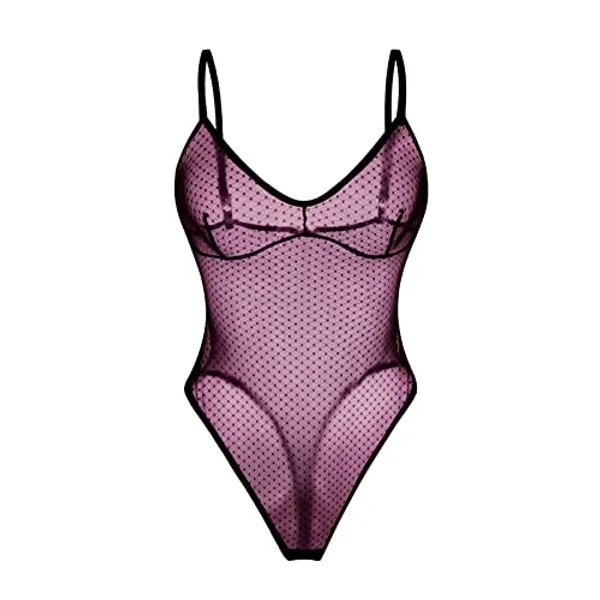 ILEVIHAM Women One Piece Sexy Lingerie Stretch Mesh Bodysuit Sheer Thong Teddy Leotard Rave Outfit Jumpsuit Tops - Dark Purple - Small