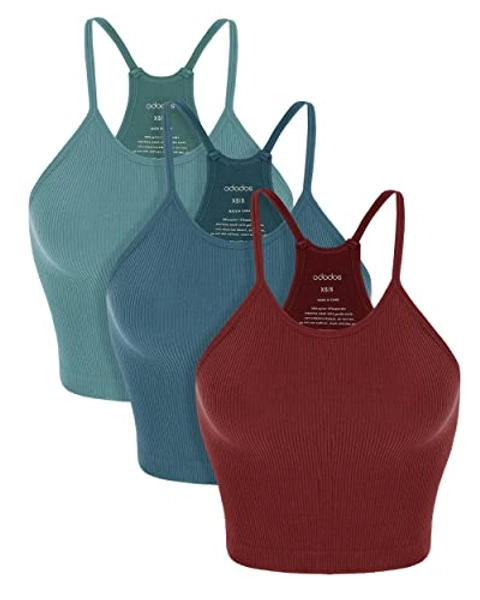 ODODOS Women's Crop 3-Pack Washed Seamless Rib-Knit Camisole Crop Tank Tops