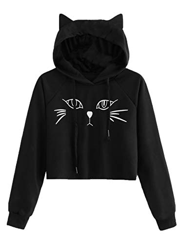 SweatyRocks Women's Long Sleeve Hoodie Crop Top Cat Print Sweatshirt - X-Large - Black#1