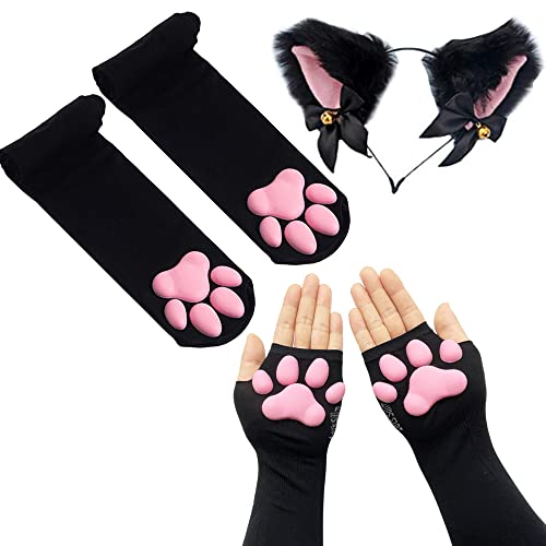 ztowoto Thigh High Socks, Pink 3D Kitten Claw Stockings Cute Cat Paw Pad Socks for Girls Women Cat Cosplay - Black-1