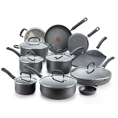T-fal Ultimate Hard Anodized Nonstick Cookware Set 17 Piece, Oven Broiler Safe 400F, Lid Safe 350F, Kitchen Cooking Set w/Fry Pans, Saucepans, Saute Pan, Griddle, Pots and Pans, Dishwasher Safe Black - 17-Piece