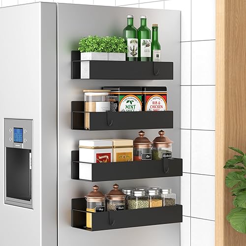 HuggieGems 4 Pack Magnetic Spice Storage Rack Organizer for Refrigerator and Oven, Matt Black Fridge Organizers and Storage - 4 Pack - Matt Black