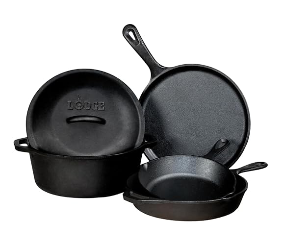 Lodge Seasoned Cast Iron 5 Piece Bundle. 10.5" Griddle, 8" Skillet, 10.25" Skillet, 10.25" Dutch Oven, and 10.25" Lid,Black - 5 Piece - Bundle
