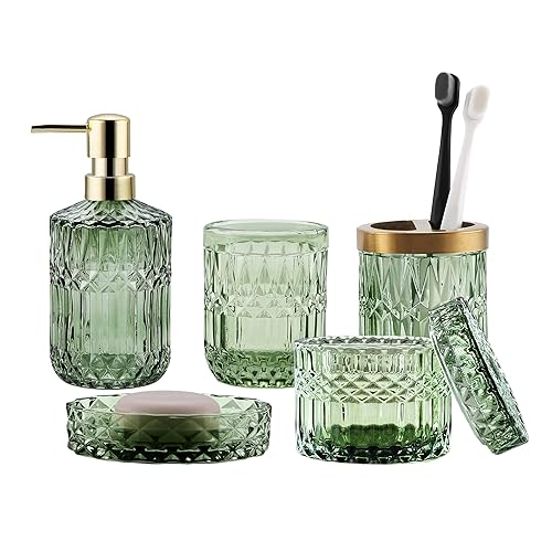 LaMarriti Green Bathroom Accessories Set, 5Pcs Clear Glass Bathroom Accessories, Hand Soap Dispenser, Soap Dish, Toothbrush Holder Set, Tumbler, Cotton Swab Jars, Modern Christmas Bathroom Decor - Green