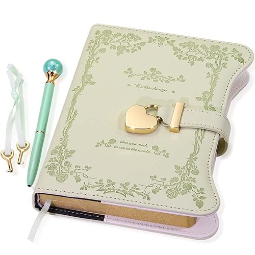 Hoci Poci Diary with Lock and Keys for Girls Gift Ideas, 360 Gold Edged Pages Journal for Women, B6 Refillable Notebook for Writing with Pen and Bookmark (Garden Matcha) - Rose Garden - Light Matcha