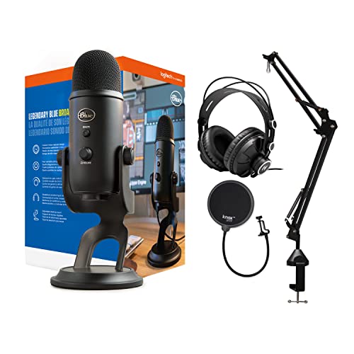 Blue Microphones Yeti Blackout USB Microphone Bundle with Desktop Boom Arm Microphone Stand, Closed-Back Studio Monitor Headphones and Pop Filter (4 Items) - Blue