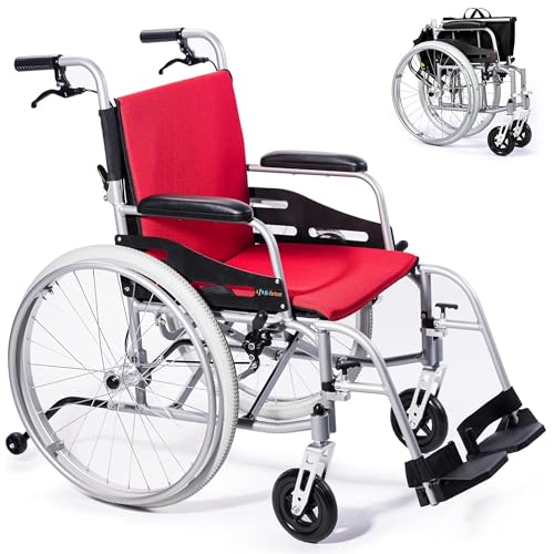 SUMELL Magnesium Lightweight Wheelchair - 21lbs Self propelled Chair with Travel Bag and Cushion, Portable and Folding 17.5” W Seat, Park & Brake Anti Tipper, Swing Away Footrests, Ultra Light, Red - Red