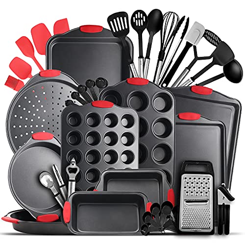 Baking Pan Set, 39 Piece Premium Baking Set, Nonstick Bakeware Sets BPA Free, Cookie Sheets for Baking Nonstick Set, Steel Baking Sheets for Oven with Muffin Pan, Cake Pan & Black Kitchen Utensils - Black - 39 Piece Black