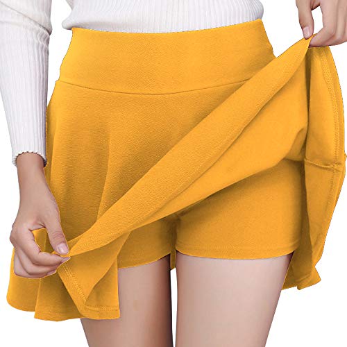 DJT Fashion Women's Casual Stretchy Flared Pleated Mini Skater Skirt with Shorts - XX-Large - Yellow