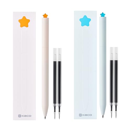 Kaco FIRST Gel Pens Cute Stationery Black Ink 2 Pieces with Extra 4 Refills, 0.5mm Fine Point, Aesthetic Cute Star Pens for Journaling Christmas Holiday Gifts - 1 Orange+1 Blue