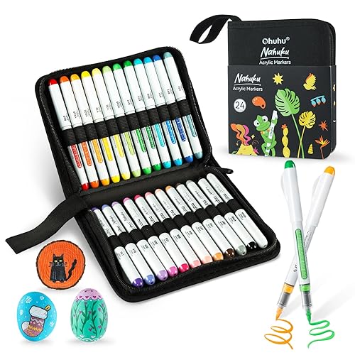 Ohuhu Acrylic Paint Markers Direct Liquid: 24 Colors Flexible Brush Tip Acrylic Markers High Opacity Paint Pens Waterproof Lightfast for Rock Painting Easter Eggs Wood Glass Ceramic Canvas - Nahuku