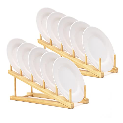 E-ROOM TREND Dish Drying Rack 2 Packs 5 Slots Wooden Natural Bamboo Kitchen Storage Organizer Inclined Stand Dish Drainer Drying Rack Plates Cups Pan Lid Cutting Board Holder (DR2802) - Bamboo Color 2 Tiers - Bamboo