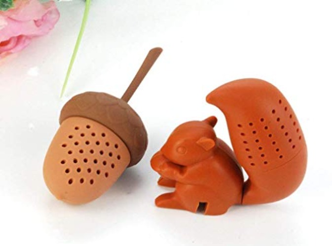 Cute Squirrel Shape & Acorn Nut Tea Infusers set Loose Leaf Strainer Herbal & Fruit Tea Filter Diffuser Food Grade Silicone in brown Lot of two Nature Wildlife