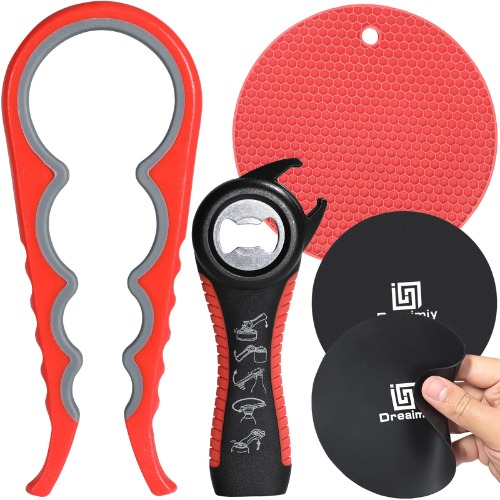 Jar Opener for Seniors, Bottle Opener for Weak Hands Lid Can Opener 5-in-1 Multi function Kitchen Tools Lid Remover for Jars, Rubber Opener Grip Seal Jar Gripper Pad