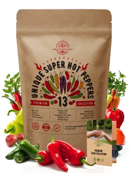13 Rare Hot Chili Pepper Seeds Variety Pack for Planting Indoor  Outdoors. 650+ Non-GMO Bulk Pepper Garden Seeds Kit: Jalapeno, Cayenne, Serrano, Habanero, Pasilla Bajio, Santa Fe, Fresno  More
