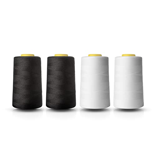 Realm Overlocking Sewing Machine Polyester Thread x Four 5000 Yards Cones White Black Natural Navy Red Grey (2 Black 2 White) - 2 Black 2 White