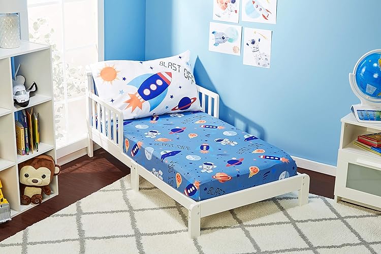 Everyday Kids Toddler Fitted Sheet and Pillowcase Set - Outer Space Adventures - Soft Breathable Microfiber Toddler Sheet Set - Space