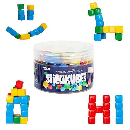 KOMARC GAMES StickiKubes - Mini Stacking Cubes That Stick to Anything - 125 Cubes in 4 Colors - Plastic Tub - Non Toxic Kid Safe - Tub