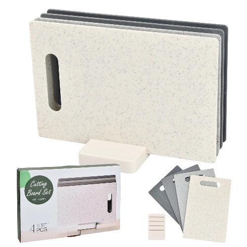 Volumoon 4 stuks snijplankenset, kunststof, keukenplank, antislip ophangen, draagbare snijplank, extra dikke snijplank met snijplankhouder, keukenplank voor meat, groenten, fruit, camping