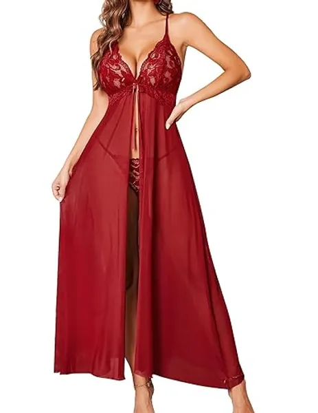 Avidlove Women Long Lingerie Lace Babydoll Mesh Sleepwer Maxi Nightgown Dress - X-Large - Wine Red