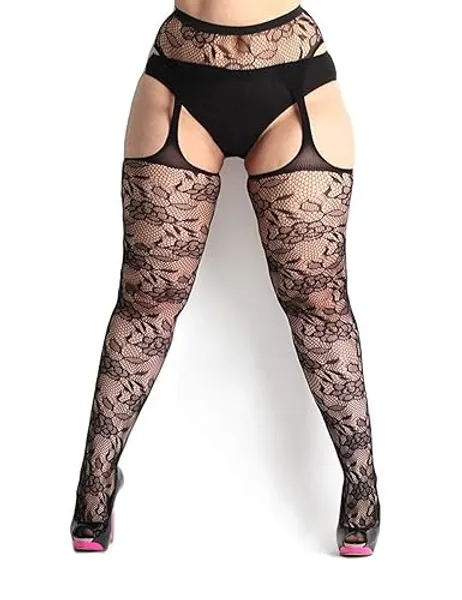 Curbigals Womens fishnet tights Plus Size Lace Suspender Pantyhose Stocking - 1X-3X - Black1