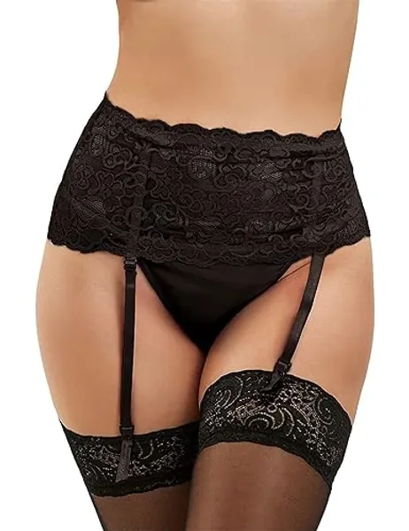 Sexy Plus Size Lace Garter Belt for Women Black High Waisted Suspender G-String with 4 Clips for Stocking - 3X-Large-4X-Large - Black