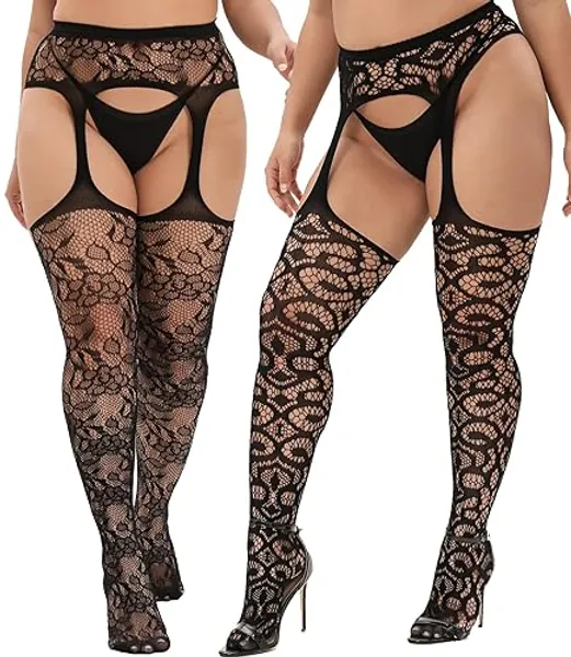 MANZI Plus Size Thigh High Stockings Womens Fishnet Tights - 2pcs-black-02 - One Size Plus