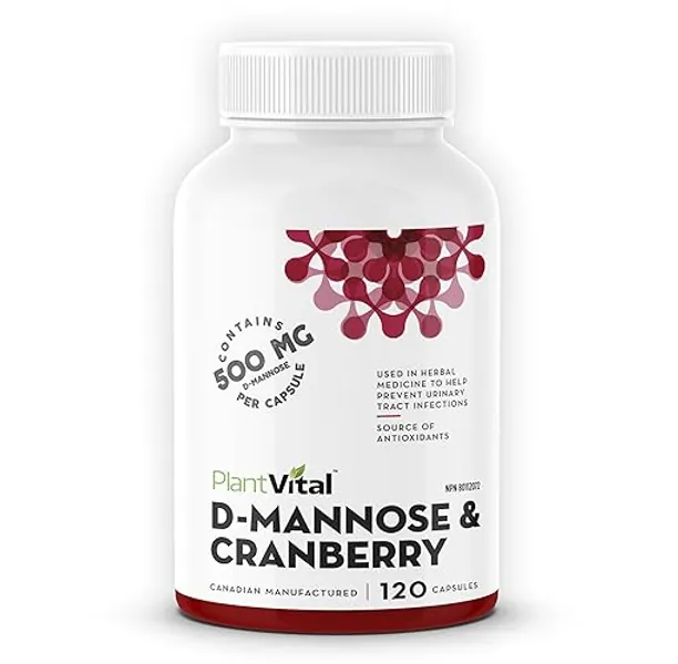 PlantVital D-Mannose Capsules 1000mg Daily Dose (2 Capsules) - Cranberry Pills for UTI Support & Bladder Health – DMannose and Cranberry Supplement - 120 Count, 2-Month Supply - 120 count (Pack of 1)