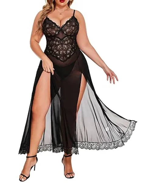 Avidlove Women's Plus Size Sexy Lingerie Lace Sleeveless Split Long Mesh Maxi Lingerie Dress - Black - X-Large