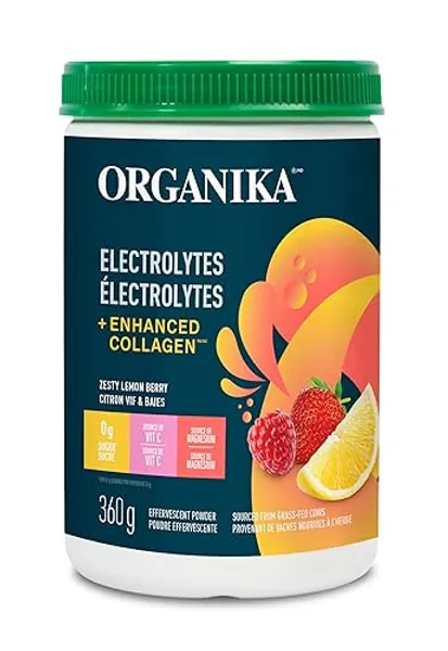 Organika Canadian-Made Electrolytes + Enhanced Collagen - Zesty Lemon Berry Flavour - Sugar-Free Hydration | 5g Protein + 100% of Daily Vitamin C | 360g, 30 Servings - Lemon Berry - 360g
