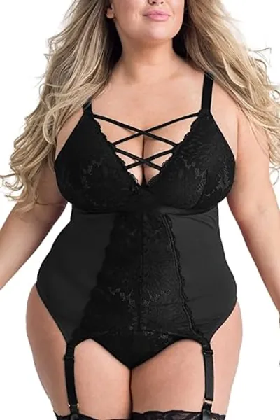 EVELUST Plus Size Lingerie 2 Piece for Women Suspender Garter Teddy Set with Lace Thong Backless Sexy Babydoll - X-Large - Black