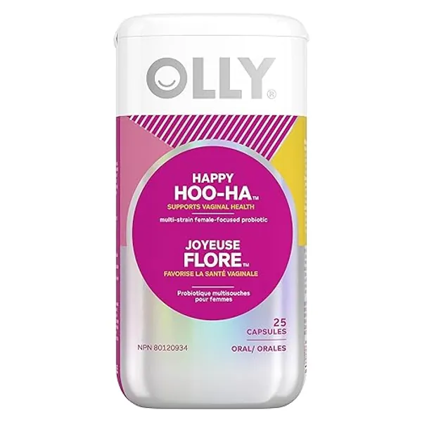 OLLY Supplement Capsules gluten free multi-strain female-focused probiotic supplement Happy HOO-HA supports vaginal health 25 capsules