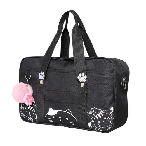 Kawaii Kitten Duffle Bag with Hand Embroidery Cat Paw Details - Black Cat