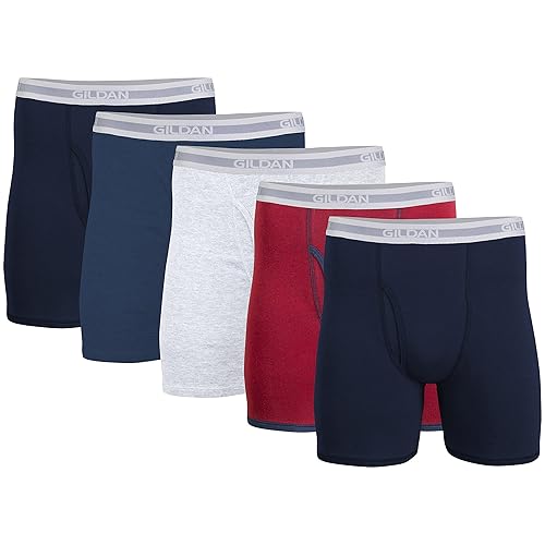 Gildan Mens Underwear Boxer Briefs, Multipack - Medium - Navy/Heather Navy/Sport Grey/Dot/Navy (5-pack, Classic Length) - 5