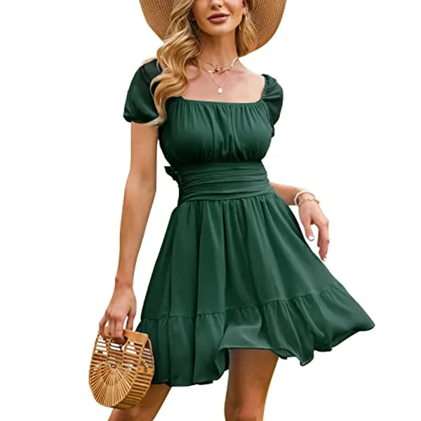 EXLURA Women's 2024 Summer Short Puff Sleeve Casual Short Mini Dresses Tie Back Square Neck A-Line Sundress