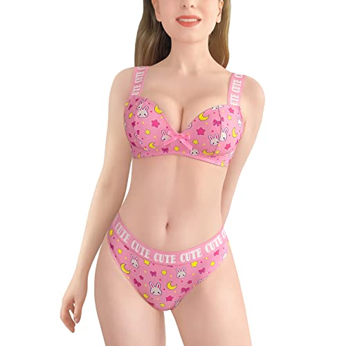 Littleforbig Women Nightwear Strap Sleepwear Cami Top and Thong Bralette Set - Usagi Sporty - Medium - Pink