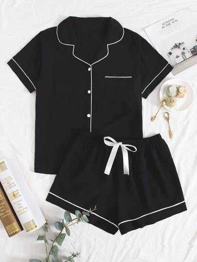 Lapel Contrast Binding Tie Front PJ Set | SHEIN USA