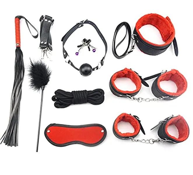 Adjustable Skin-Friendly Soft Leather Comfort Plush Restraint Set Couple Bedroom Toy Training Bed Set - 10 Accessories