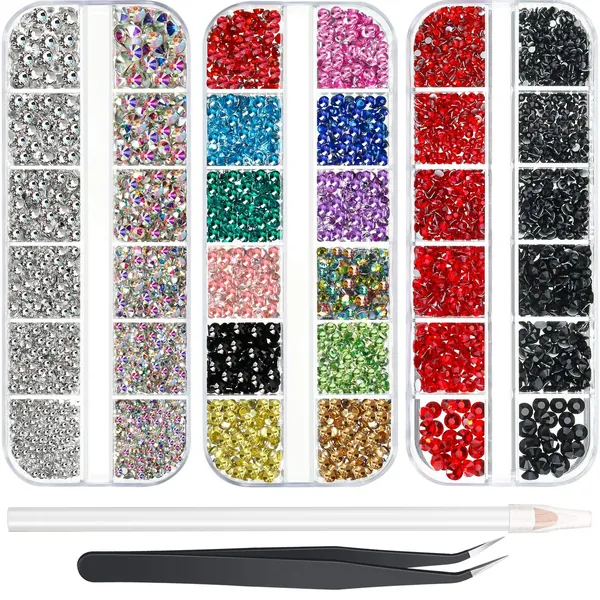 9000 Pieces Hotfix Rhinestone Clear AB Black and Red Flatback Crystals 6 Sizes 12 Colored Iron on Rhinestones Glass Stones in Storage Box with Tweezers and Picking Pen for DIY Clothes Bags