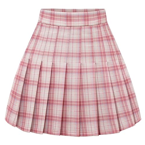 Timormode Women’s Pleated Skirt Mini Skater Basic Skirt School Cheerleader - Pink White Plaid - Medium