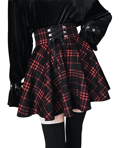 LYOYE Women's High Waisted Short A-line Flare Gothic Mini Black Red Plaid Pleated Skirt Dress - Large