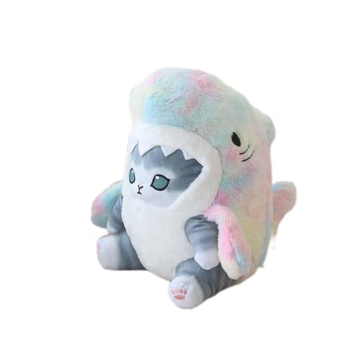 Shark Cat Plush Toy, 12inch Cute Fried Shrimp Shark Kitty Plush Stuffed Animals Doll, Kawaii Shark Cat Plush Pillow Toy Birthday for Kids Boys Girls (Colorful Grey) - 12inch - Colorful Grey