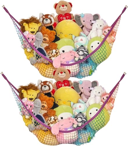 Lilly's Love Stuffed Animal Storage Net Hammock, Nursery Hanging Organizer, Jumbo Extra Large STUFFIE Party Hammock | Organize the Chaos | Holds 50% More Stuffies | 63" x 63" x 79" - Rainbow, 2 Pack - Rainbow - Jumbo 50% More Space