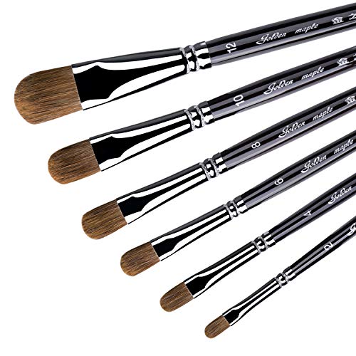Golden Maple Filbert Paint Brushes - Professional 6PCS Red Sable Long Handle, Artist Paint Brush Set for Acrylic, Gouache and Watercolor Painting, Well-Balance Birch Wooden Handle - Round