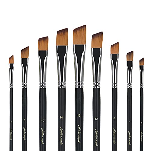 Golden Maple Filbert Paint Brushes - Professional 6PCS Red Sable Long Handle, Artist Paint Brush Set for Acrylic, Gouache and Watercolor Painting, Well-Balance Birch Wooden Handle - Angular