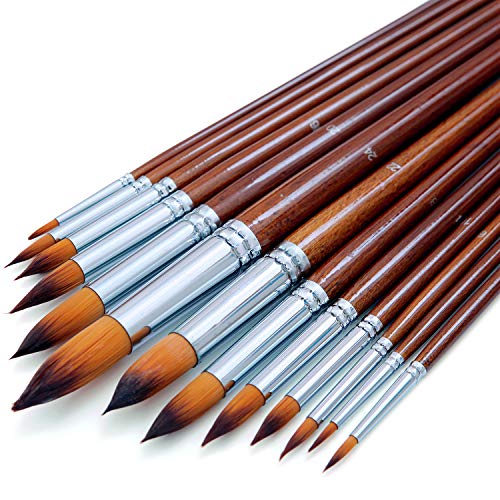 Artist Watercolor Paint Brushes Set 13pcs - Round Pointed Tip Soft Anti-Shedding Nylon Hair Wood Long Handle - Detail Paint Brush for Watercolor, Acrylics, Ink, Gouache, Oil, Tempera, Paint by Numbers - 13pcs Round Paint Brush
